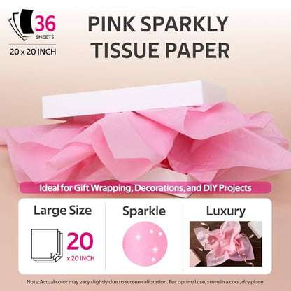 36 Sheets Glitter Pink Tissue Paper for Gift Bags – 20 x 20 inch Sparkling Wrapping Tissue for Crafts & Party Packaging - color: Pink