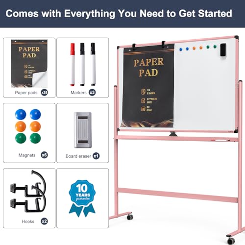 Mobile Whiteboard, 48x32 Inches Dry Erase Board with Stand, Large Rolling Whiteboard on Wheels, Standing White Board for Office, School, Home, Magnetic Double Sided White Board with Paper Pad - color: Pink, size: 48"x32"