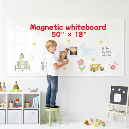 Extra Long Magnetic Dry Erase Whiteboard 50"x18" - Self-Adhesive Flexible Wall Board for Door, Closet, Hallway w/ 11 Markers, 6 Magnets, Eraser & Holder, Ultra Smooth, No Ghosting, Easy Erase - size: 50"x18"
