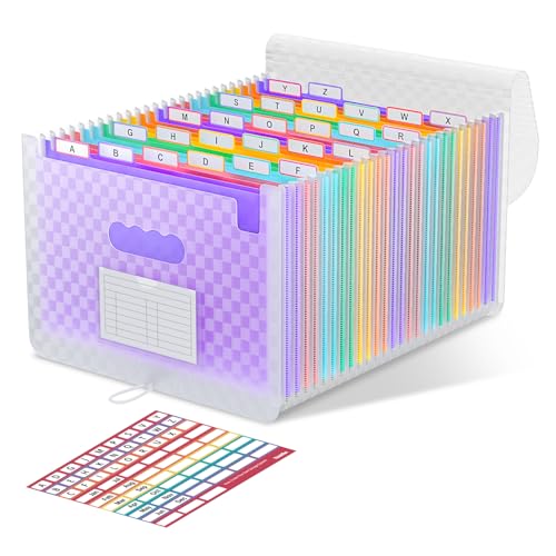 ThinkTex 26 Pockets Expanding File Folders, Accordion File Organizer with Expandable Cover, Monthly Bill Receipt Documents Organizer, A-Z Colorful Tabs, Letter/A4 Size - Purple - style: Purple 26 Pocket