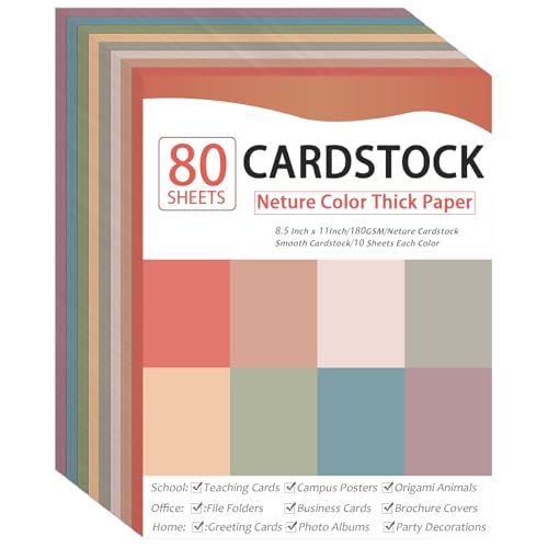 80 Sheets Cardstock Paper 8.5 x 11 Inches Thick Paper Card stock Colored Cardstock Papers 180gsm Solid Core Printer Papers for DIY Arts Crafts Card Making School Office Home Supplies (Neture) - color: Neture, size: 8.5x11in
