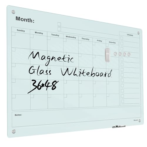 Magnetic Glass Whiteboard - 48"x36" Frameless Dry Erase Board with Monthly Calendar for Office, School, and Home - color: Mothly-b, size: 48" x 36"