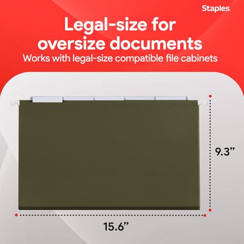 Staples Hanging File Folders, Legal Size, 1/5‑Cut Tabs, Standard Green, Includes Tabs & Paper Inserts – 50/Pack - style: 50 Pack