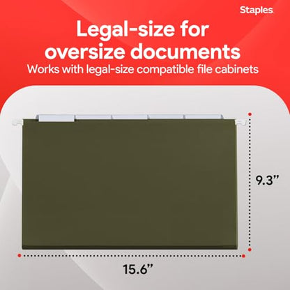 Staples Hanging File Folders, Legal Size, 1/5‑Cut Tabs, Standard Green, Includes Tabs & Paper Inserts – 50/Pack - style: 50 Pack