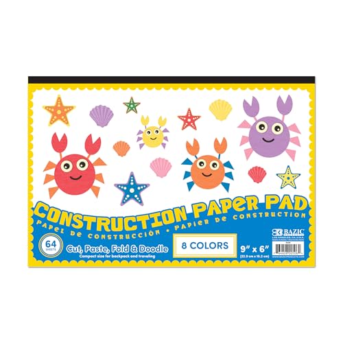 BAZIC Products Assorted Color Mini Construction Paper Pad, 6 x 9 in, 64 Ct | 64-sheet mini pad of assorted-color construction paper, cutting, folding, crafts - size: 1-Pack