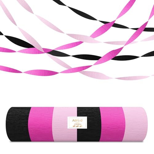 AOYOO Crepe Paper Streamers, 6 Rolls Light Pink Hot Pink and Black Party Streamers, Chic Pink and Black Party Decorations for Girls Birthday, Bachelorette, Sweet 16 and Y2K Party Supplies - color: Black Pink