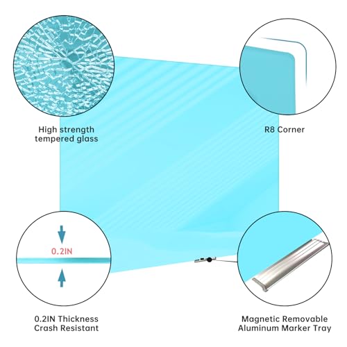 Magnetic Glass Whiteboard - Glass Dry Erase Board 48"x36" Large Frameless Glass Board for Walls Office School and Home, Blue - color: Blue, size: 48" x 36"