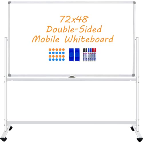 BSTPCOO Rolling Whiteboard on Wheels 72x48 inch, Large Double-Sided White Board Dry Erase with Stand, Magnetic Mobile Whiteboard with Stands for School, Office, Home 2 Eraser, 6 Markers, 20 Magnets - color: Silver, size: 72" x 48"