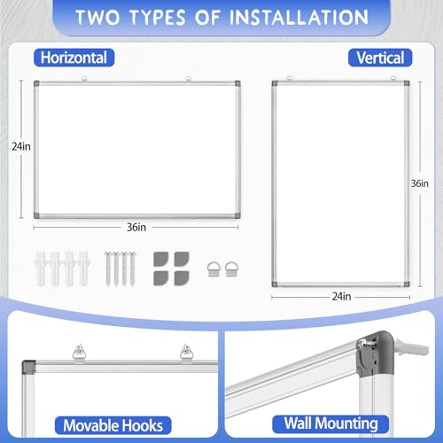 Grtard 36" x 24" Magnetic Dry Erase Board, Large Hanging Magnetic White Board with Aluminum Frame, Smooth Writing Presentation Whiteboard Suitable for Home, Office, Classroom & Kitchen - size: 36"W x 24"H