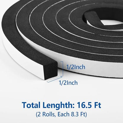 Kikerike Self Adhesive Foam Tape Weatherstrip 1/2In x 1/2In x 16.5Ft High Density Foam Insulation Strips Seal Weather Stripping with Strong Adhesive for Door and Window Sound Isolation Soundproofing - size: 1/2in x 1/2in x 16.5Ft