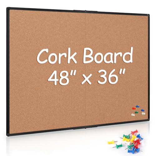 Cork Board Bulletin Board 36 x 48, Foldable Notice Pin Board for Wall, Black Aluminum Framed 4x3 Corkboard, Large Wall Mounted Office Board with 36 Push Pins for School & Home - size: 48" x 36"