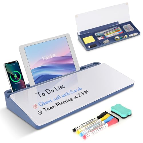 Glass Desktop Whiteboard with Storage, Desk White Board with Computer Keyboard Stand,White Dry Erase Board with Drawers for Home,School,Office - Blue - color: Organizer-blue