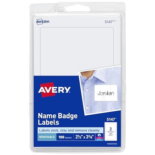 Avery Customizable Name Tags, 2-1/3" x 3-3/8", White, 100 Removable Name Badges (05147) - size: 2-1/3 in. X 3-3/8 in., style: 100 name tags