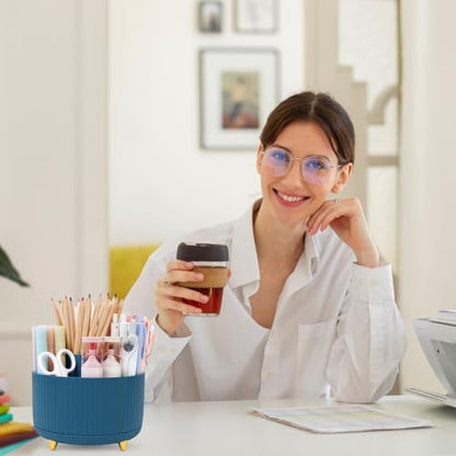 SKYDUE 360 Degree Rotating Desk Organizer, Dual-Purpose Pencil Pen Holder, Rotating Desk Pen Organizer with 5 Slots, Pencil Cup for Office, School, Home - color: Dark Blue