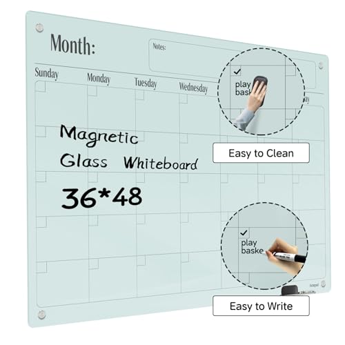Magnetic Glass Dry Erase Board Calendar- White Board 48 x 36 Inch Wall Mounted Glass Monthly Whiteboard, Large Frameless Glass White Board for Wall Office, Home & School - color: Mothly-a, size: 48"W x 36"H