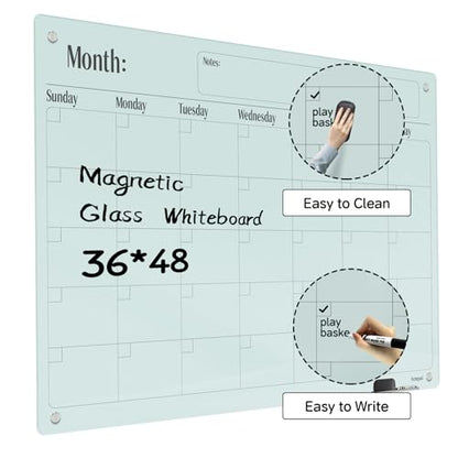 Magnetic Glass Dry Erase Board Calendar- White Board 48 x 36 Inch Wall Mounted Glass Monthly Whiteboard, Large Frameless Glass White Board for Wall Office, Home & School - color: Mothly-a, size: 48"W x 36"H