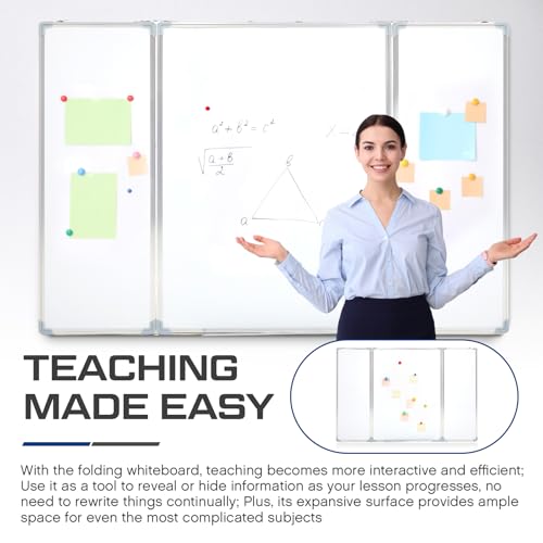 AmazingSpark 60” x 40” Foldable Whiteboard Dry Erase Board Large Tri Folding Whiteboard Magnetic Dry Erase Board, Wall Aluminium Frame and Flip Out Pen Tray for Office, Home - size: 60"W x 40"H