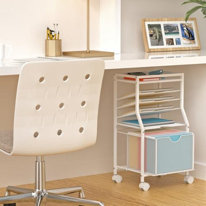 BOHDK Rolling File Cart, 6-Tier Desk File Organizer on Lockable Wheels, White Wood Planks & Mesh Sliding Hanging Folder Drawer, Organization Cart for Office Home School - color: White