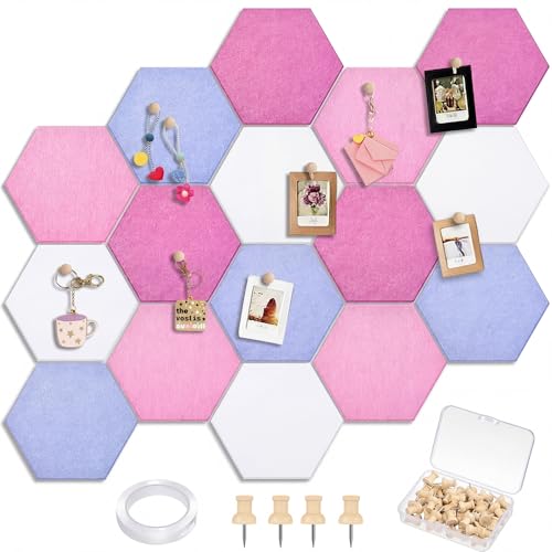 Mindsoft 12x10 in 16 Pcs Hexagon Cork Board Tiles with 50 Wooden Push Pins, Cork Boards for Wall, Felt DIY Tiles with Nano Tape, Pin Board for Office Classroom Home Photo Memo Note (Pink) - color: Pink, size: 12x10 in
