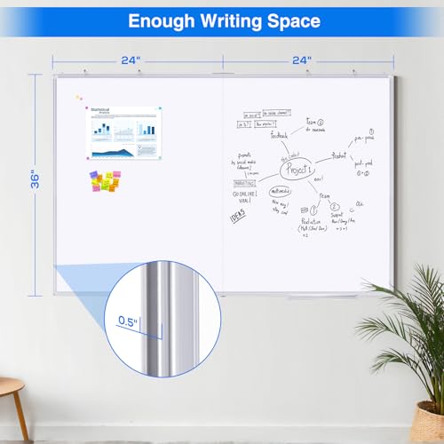 Magnetic White Board Dry Erase Board for Wall，48" x 46" (4ft x 3ft) Wall-Mounted Aluminum Frame Marker Board, Foldable Portable Whiteboard with a Long Pen Tray for School, Classroom, Office & Home - size: 48"W x 36"H, style: Style B