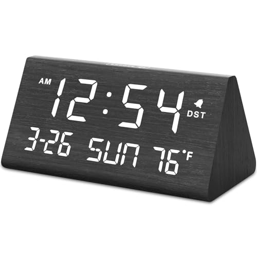 DreamSky Digital Alarm Clocks for Bedrooms - Wooden Desk Clock with Date, Day of Week, USB Port, Temperature, Dimmer for Bedside Table, Living Room, Office, Adjustable Volume, Auto DST, Wood Decor - color: Black - Date & Day
