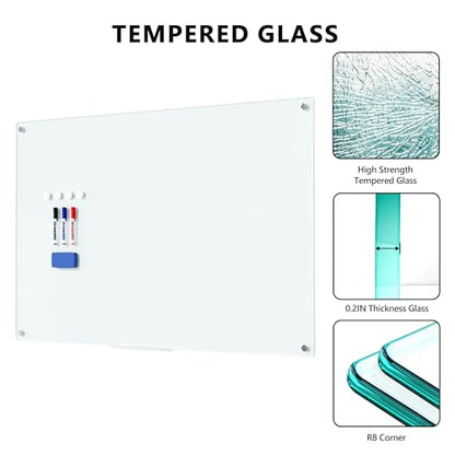 Magnetic Glass Whiteboard for Wall, 48" x 32" Large Dry Erase Board, Frameless Wall-Mounted White Board School, Classroom, Office & Home - size: 48" x 32"