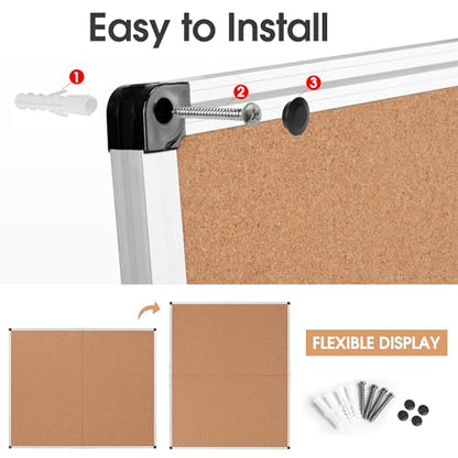 Extra Large Cork Bulletin Board 48" X 48", Foldable Notice Pin Board for Wall, Silver Aluminum Framed 4'x4' Corkboard, Wall Mounted Noticeboard with 36 Push Pins for School, Home & Office - size: 48" x 48"
