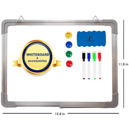 Whiteboard Set - 15 x 12 in Dry Erase Board with 1 Magnetic Dry Eraser, 4 Dry Wipe Markers and 4 Magnets - Small White Board Wall Hanging Marker Board for Home and Office (15x12) - size: 15x12" Landscape