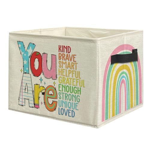 Boho Rainbow Inspirational Storage Bins, Positive Affirmation Gifts for Collapsible Storage Box Laundry Basket with Handle for Home Bedroom Bathroom Playroom Clothes Books