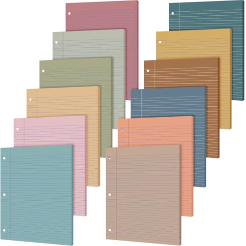 PerKoop 12 Pack 600 Sheets Colored Loose Leaf Paper College Ruled 8" x 10.5", Pastel Colorful Lined Writing Paper 3 Hole Punched Filler for 3 Ring Binder School Office Supplies(Natural Color) - color: Natural Color