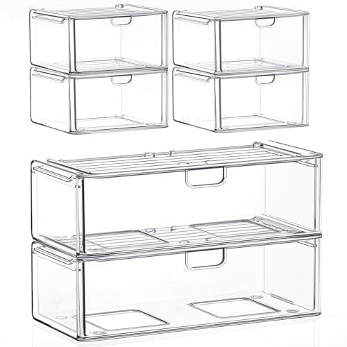 caktraie Acrylic Stackable Storage Drawers Set of 6, Clear Plastic Storage Drawer Organzier, Storage Organizer, Makeup Organizer,Ideal for Vanity, Bathroom,Cabinet,Pantry Organization - style: 2 Large+4 Medium Drawers