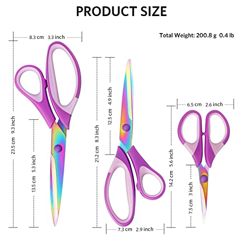 Scissors, 3 Pack Multi-Purpose Scissors Set with Titanium-Coated Blades & Rubber Soft Grip Handle, Perfect for Crafting, Office, School, and Home, Purple - color: Purple