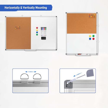 Comix Cork Board Magnetic Dry Erase Board Combo, 24 x 18 Inches Whiteboard and Bulletin Board Combination, Aluminum Frame Vision Board with 4 Dry Erase Markers, 4 Magnets, Eraser, Push Pins - size: 24" x 18"