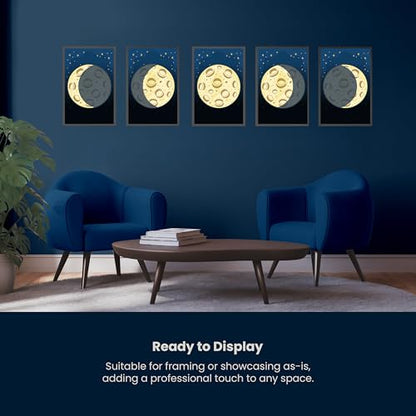 AMERICAN LUXURY GIFTS Moon Phases Wall Art for Kids – 5-Piece Galaxy Nursery Prints, Solar System Decor for Boys & Girls, Homeschool or Classroom Learning Posters – 11x17 Unframed Astronomy Artwork