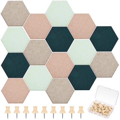 Mindsoft 6.7 x 5.9 in 16 Pcs Hexagon Cork Board Tiles with 50 Wooden Push Pins, Cork Boards for Wall, Felt DIY Tiles with Nano Tape, Pin Board for Office Classroom Home Photo Memo Note (Green) - color: Green, size: 6.7 x 5.9 in