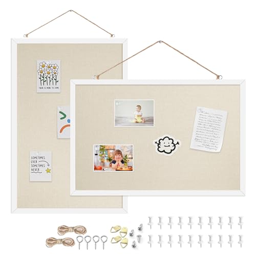 12x16 Inch (2-Pack) Cork Board for Wall Hanging with Linen, Bulletin Board with Push Pins, Mounted Memo Message Board for Home Office Decor, Dorm Room Essentials, Classroom Organization - color: Natural Wood Frame, size: 12*16inch-2pack