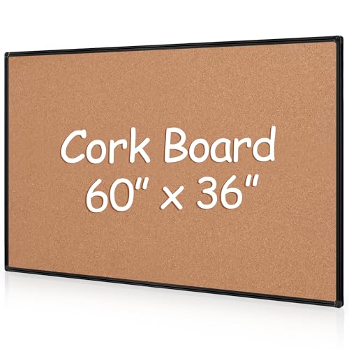 Extra Large Cork Bulletin Board 60" X 36", Black Aluminum Framed 5'x3' Corkboard for Wall, Wall Mounted Notice Pin Board with 18 Push Pins for School, Home & Office - size: 60" x 36"