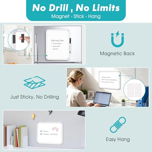 2 Pack Small White Board, 8.5" x 11" Double-Sided Dry Erase Whiteboard | Portable Mini Board for Fridge, Wall, Locker, Adhesive Mount, Hang & Magnetic Strip Mount, Stain-Resistant, No Ghosting - size: 8.5''x11''-2 Pack