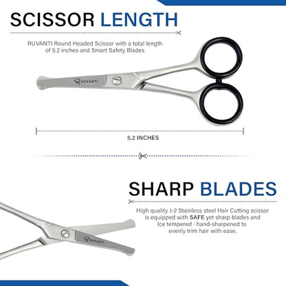 Ruvanti 5.2" Kids Hair Cutting Scissors - Safety Rounded Tip Barber Shears for Children, Infants & Facial Hair Trimming - Sharp Stainless Steel Blades, Ergonomic Grip - Ideal for Home & Salon Use