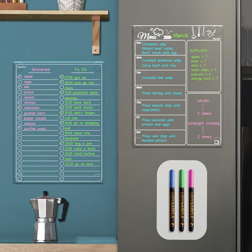 Clear Non-Magnetic Meal Planner Set for Fridge - Dry Erase Transparent Menu and List Board - Sticks to Wall, Glass, Door, Any Smooth Surfaces - style: Menu+List