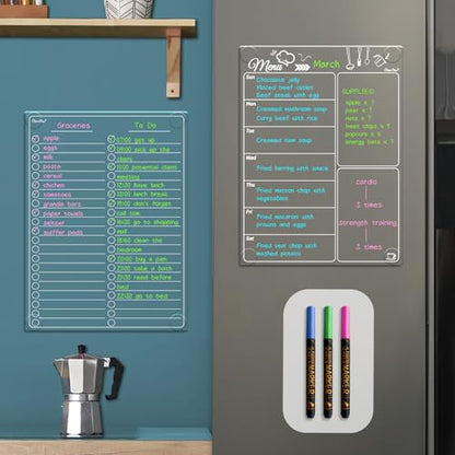 Clear Non-Magnetic Meal Planner Set for Fridge - Dry Erase Transparent Menu and List Board - Sticks to Wall, Glass, Door, Any Smooth Surfaces - style: Menu+List