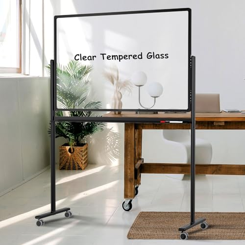 Mobile Clear Glass Whiteboard on Wheels - TANKEE 48" x 32" Dry Erase Board with Stand, Large Rolling White Board with 25 Sheets Paper Pad, Transparent Tempered Glass Board for Office Home School - color: Clear Glass Board - B, size: 48"x32"