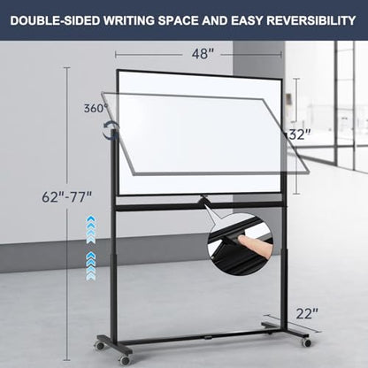 Rolling Whiteboard, 48 x 32 Inches Magnetic White Board with Stand, Double-Sided Large Standing Dry Erase Board on Wheels, Height-Adjustable Mobile Dry Erase Board for Office, Home, Classroom - color: Black - Upgraded, size: 48"x32"