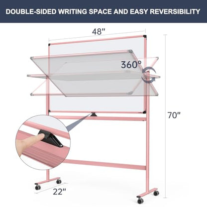 Mobile Whiteboard, 48x32 Inches Dry Erase Board with Stand, Large Rolling Whiteboard on Wheels, Standing White Board for Office, School, Home, Magnetic Double Sided White Board with Paper Pad - color: Pink, size: 48"x32"