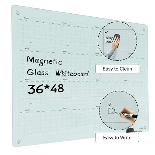 Magnetic Glass Dry Erase Board Calendar- White Board 48 x 36 Inch Wall Mounted Yearly Whiteboard, Large Frameless Glass White Board for Wall Office, Home & School - color: Yearly, size: 48"W x 36"H