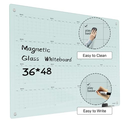Magnetic Glass Dry Erase Board Calendar- White Board 48 x 36 Inch Wall Mounted Yearly Whiteboard, Large Frameless Glass White Board for Wall Office, Home & School - color: Yearly, size: 48"W x 36"H