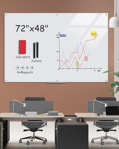 Mifuro Magnetic Glass Whiteboard，72"x48" Wall Mounted Frameless Dry Erase Board for Office, Home & School Ultra White - color: Ultra White, size: Size-72 x 48 inches