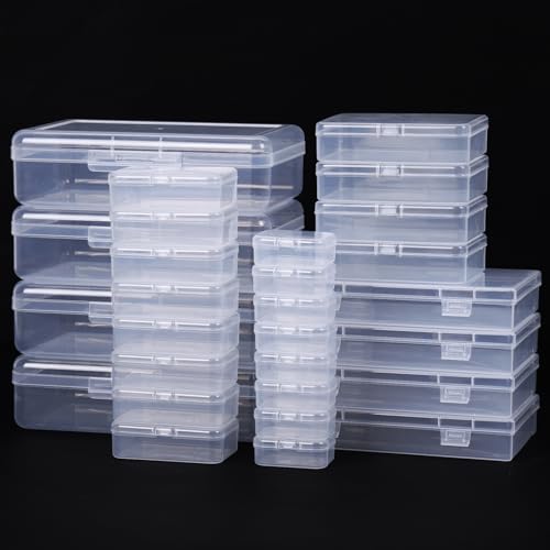 QUEFE 28 Pack Small Storage Containers Mixed Sizes Clear Plastic Boxes Craft Organizers Rectangular Bins with Lids for Small Items Bead Art Craft Jewelry Projects
