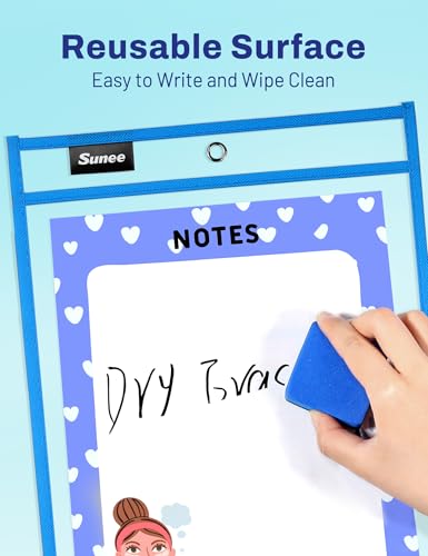 SUNEE 30 Packs Oversized Reusable Dry Erase Pocket Sleeves with 2 Rings, Blue 10x14 Ticket Holders, Clear Plastic Sheet Protectors, Teacher School Classroom Supplies - color: Blue, style: 30 Pack