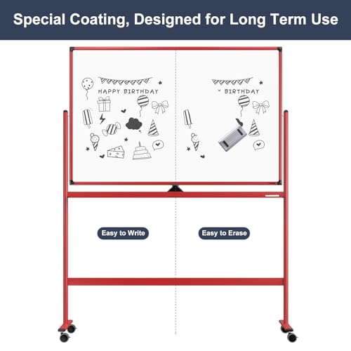 Rolling Whiteboard, 48x32 Inches Dry Erase Board with Stand, Magnetic Mobile Whiteboard on Wheels, Standing White Board for Office, School, Home, Large Double Sided White Board with Paper Pad - color: Red, size: 48"x32"